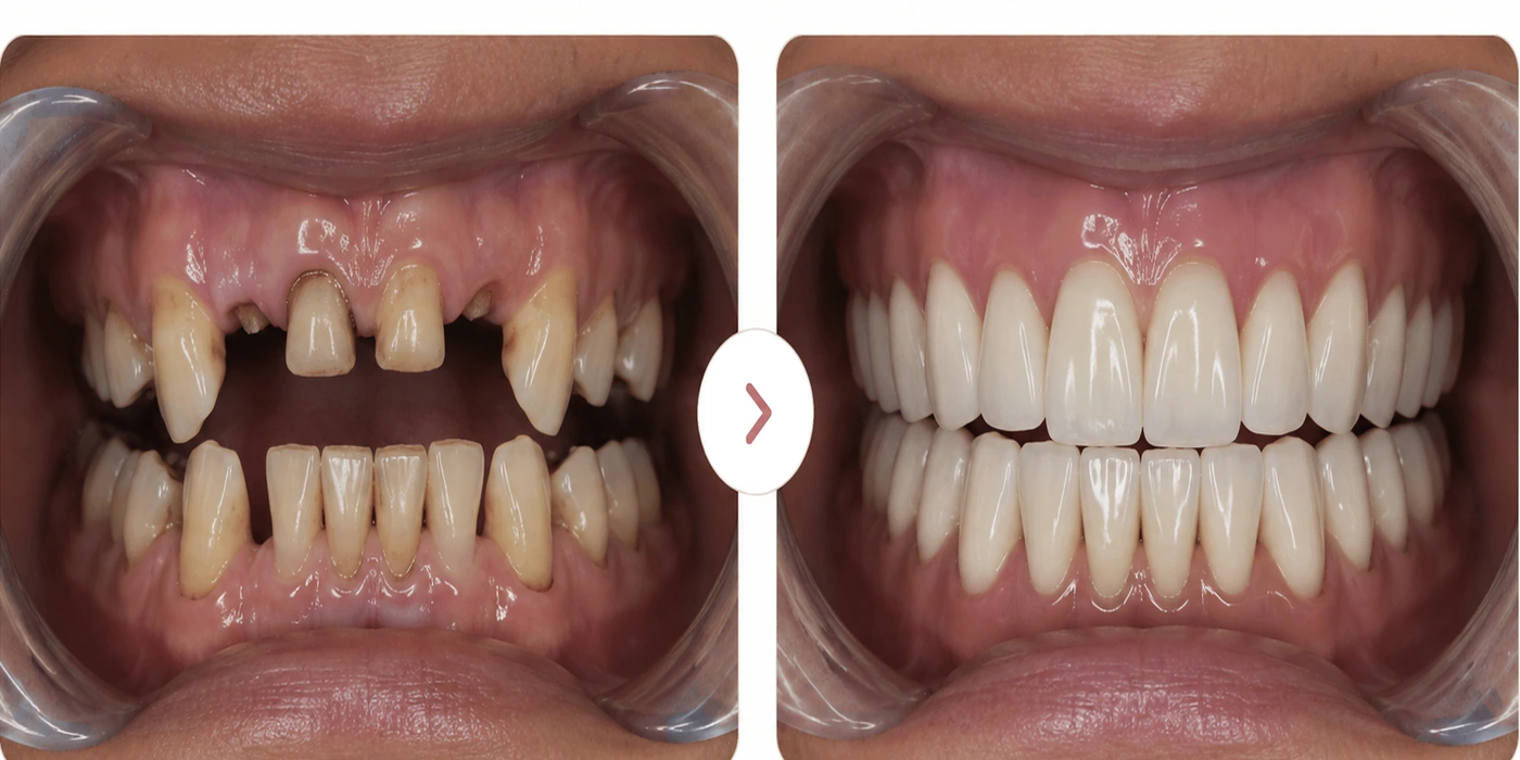 Representative full-mouth rehabilitation before-and-after visual