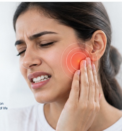 Woman with jaw pain and highlighted TMJ region